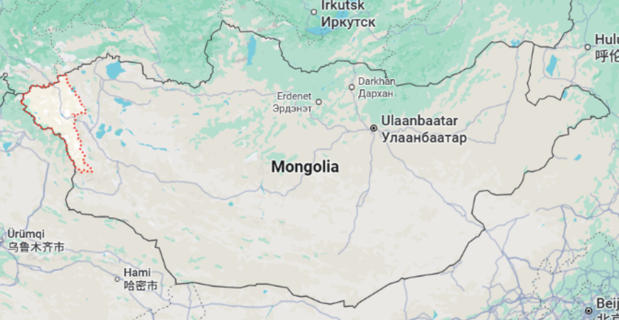 <i>The red dashed outline on the map marks Bayan-Ölgii aimag</i>